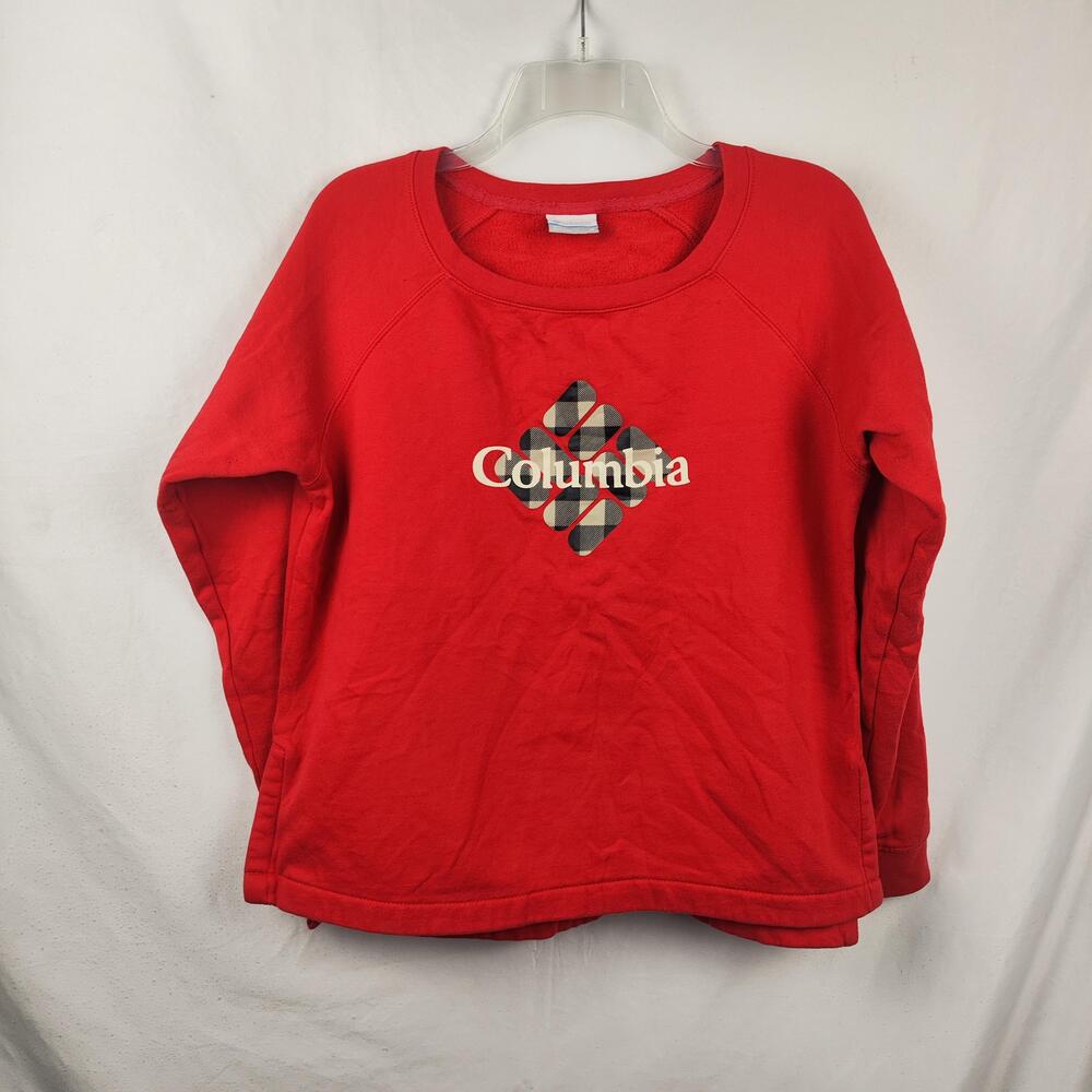 Columbia Sweatshirt Womens Medium Red Fleece Crew Neck Pockets Plaid Logo